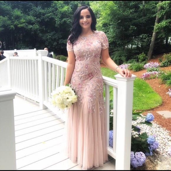 Adrianna Papell beaded short sleeve pink floral gown - Picture 9 of 15